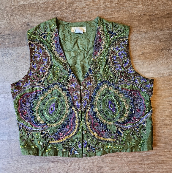 Vintage Other Destination 100% Silk Intricately Beaded Vest Womens size Large - Picture 1 of 14